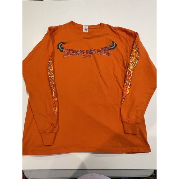 Sturgis Bike Week 2008 Long Sleeve Motorcycle T-Shirt Double Sided Orange Flames - Picture 1 of 16